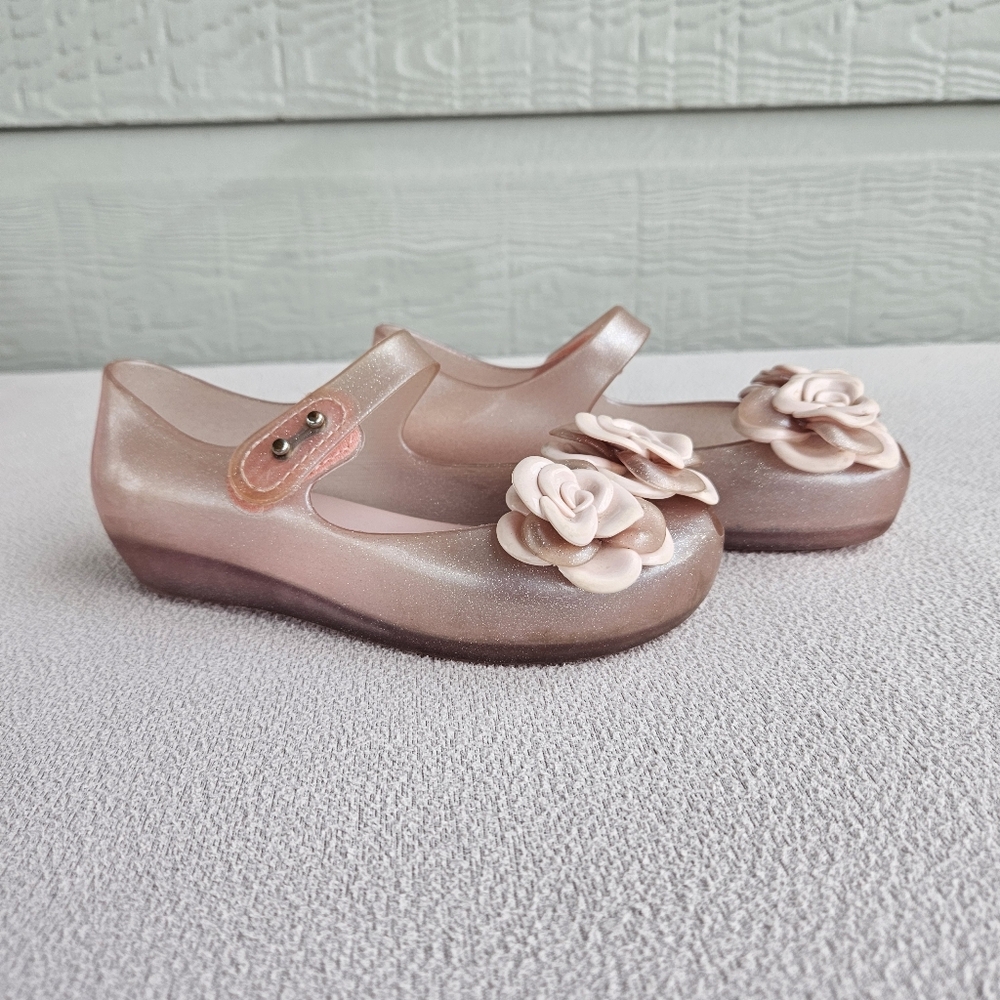Mini Melissa Pink Sparkle Floral Rose Jelly Mary Jane Shoe Girl SZ 11 Spring